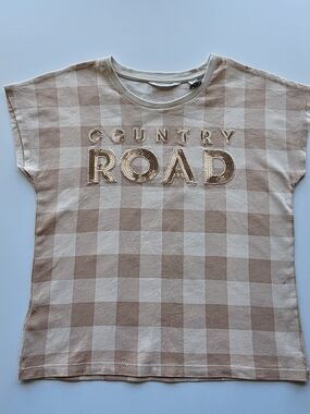 Country Road Girls Rose Gold Beige Check Plaid Sequin Logo Tee